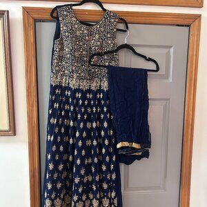 Navy Blue with Gold Embroidery Lehenga with 1 Piece Gown Frock